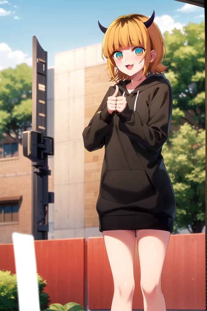 Highest quality, masterpiece, detailed, memcho, Open your mouth, A slight blush, :3, smile, short hair, Blonde, Multicolored Hair, Aqua Eye, Blunt bangs, horn,
hoodie,thumbs up
.Are standing, Looking at the audience, (Day:1.2), garden, Outdoor