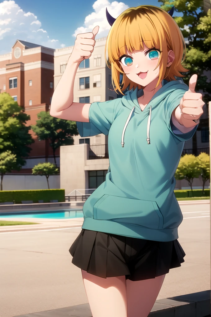 Highest quality, masterpiece, detailed, memcho, Open your mouth, A slight blush, :3, smile, short hair, Blonde, Multicolored Hair, Aqua Eye, Blunt bangs, horn,
hoodie,thumbs up
.Are standing, Looking at the audience, (Day:1.2), garden, Outdoor