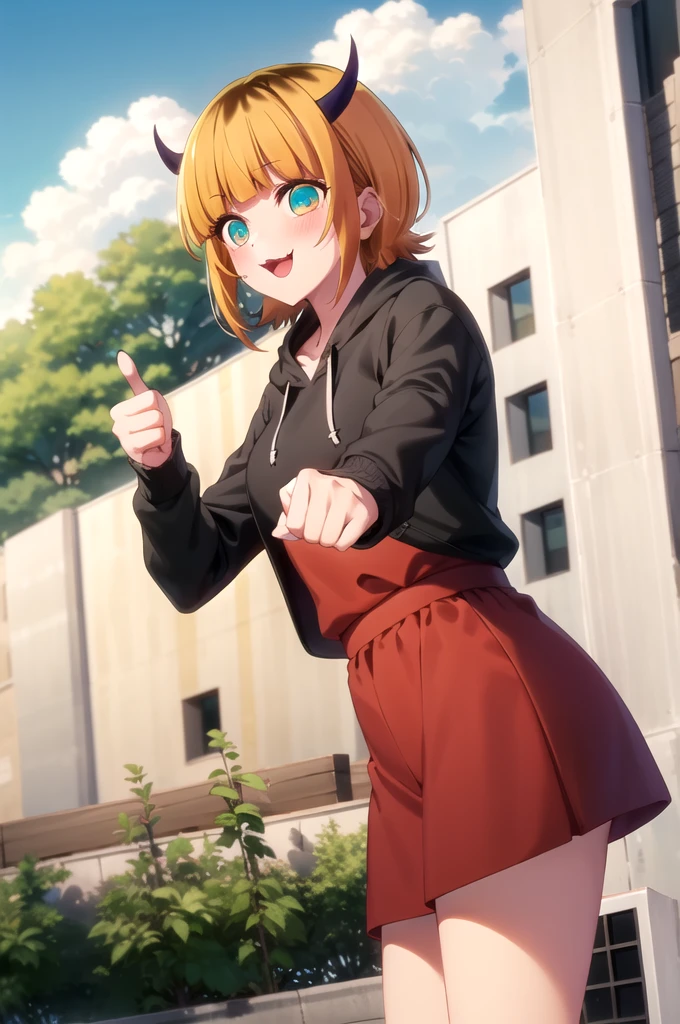Highest quality, masterpiece, detailed, memcho, Open your mouth, A slight blush, :3, smile, short hair, Blonde, Multicolored Hair, Aqua Eye, Blunt bangs, horn,
hoodie,thumbs up
.Are standing, Looking at the audience, (Day:1.2), garden, Outdoor