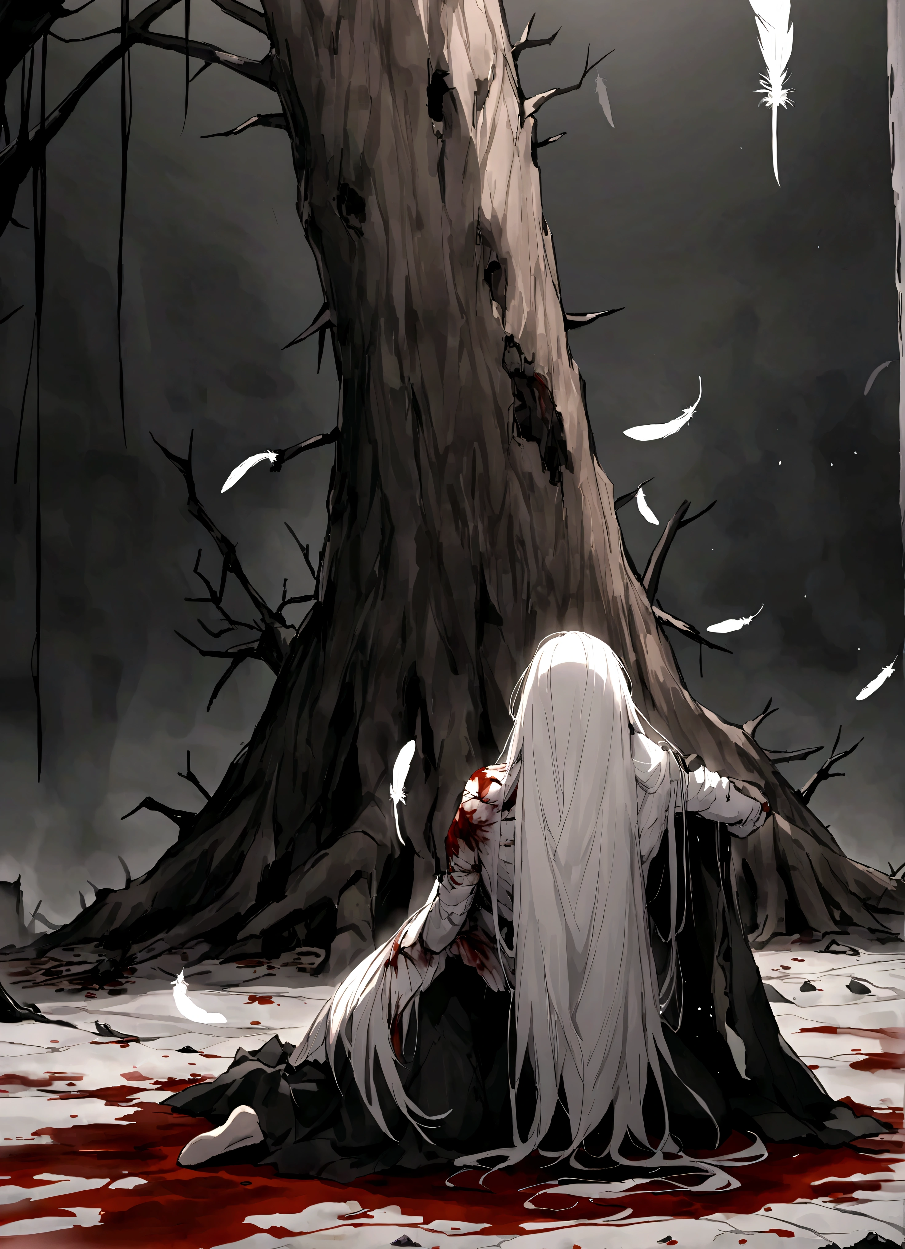 Dark atmosphere，(Background is rotten land,Dead Tree)，Kneeling on the ground，cry，Tears，Long hair，（Damaged clothing），(Blood，Wound)，White feathers，Blood，struggle