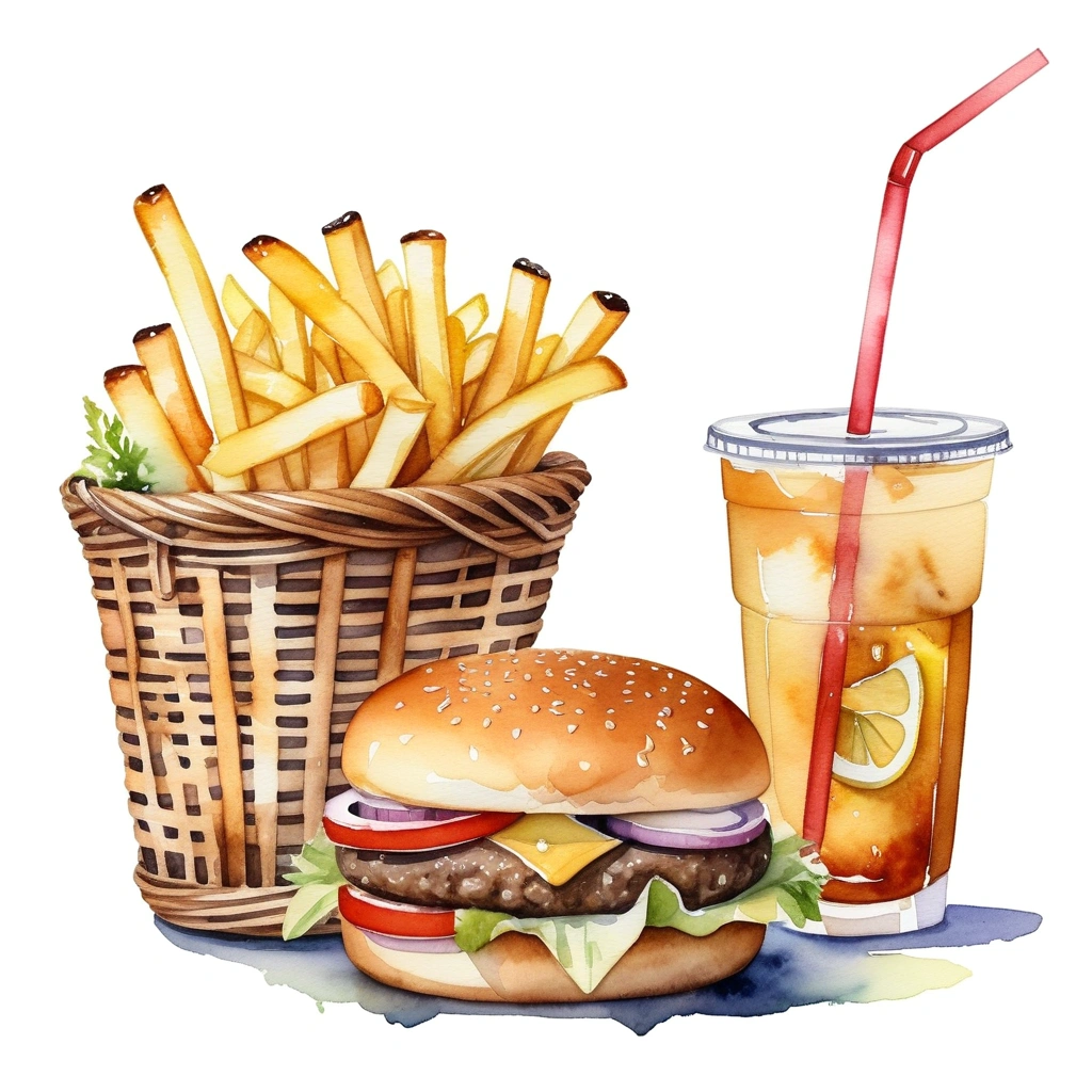 there is rattan basket to serve a set of big and tall delicious hamburger with cheese, a lot of french fries, and one regular size glass of ice lemon tea with a straw, (watercolor), illustration, isolated with solid white background, surrounded with negative space, centered compositon, 8k, highly detailed painting, very precise painting