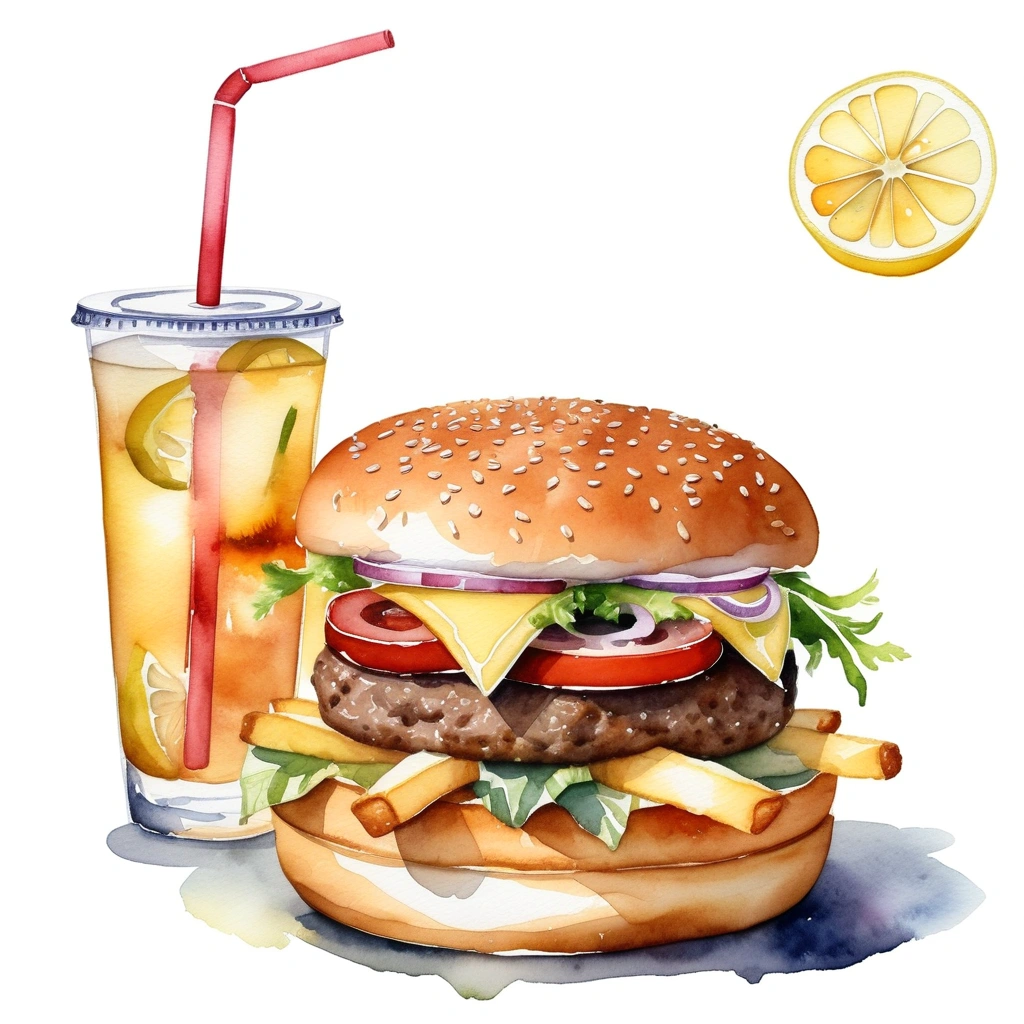 there is rattan basket to serve a set of big and tall delicious hamburger with cheese, a lot of french fries, and one regular size glass of ice lemon tea with a straw, (watercolor), illustration, isolated with solid white background, surrounded with negative space, centered compositon, 8k, highly detailed painting, very precise painting
