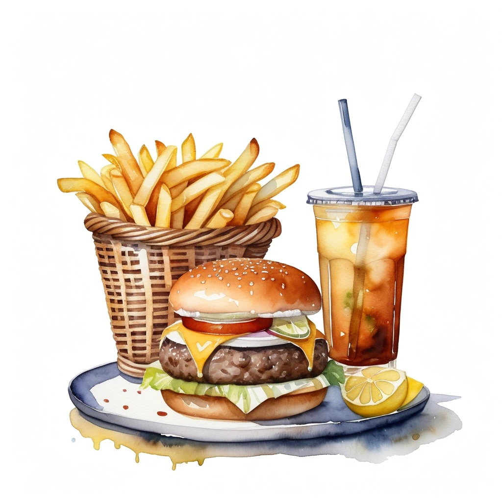 there is rattan basket to serve a set of big and tall delicious hamburger with cheese, a lot of french fries, and one regular size glass of ice lemon tea with a straw, (watercolor), illustration, isolated with solid white background, surrounded with negative space, centered compositon, 8k, highly detailed painting, very precise painting
