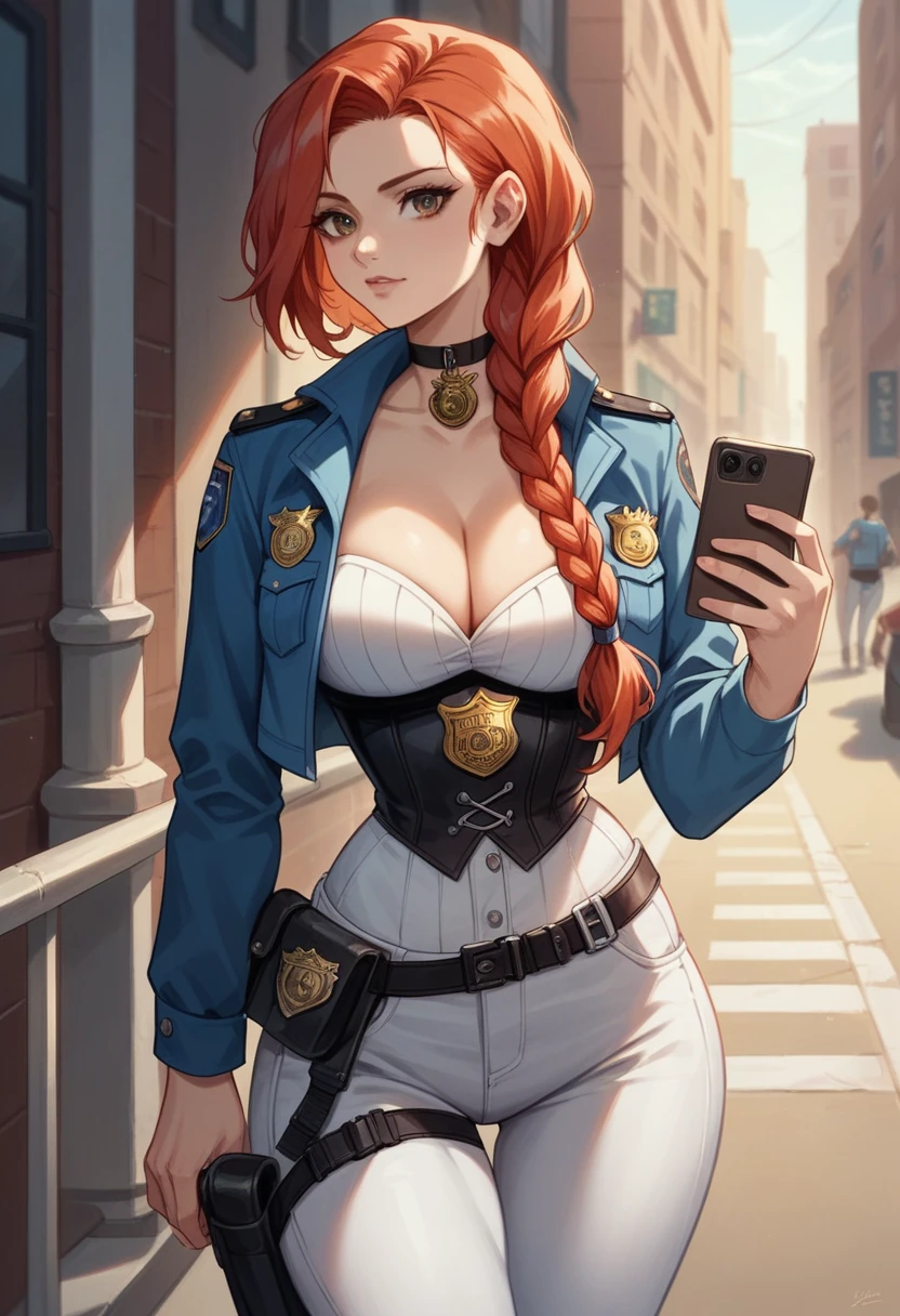 NSFW,One girl, Portrait of a beautiful donkey pex, Athletic ability, Blue jacket, White corset, skirt, White trousers, Police Medal,Holster on waist,Redhead, Braid, compensate, choker, Cleavage, Wide Hips, Volumetric lighting, Highest quality, masterpiece, Intricate details, Tone Mapping, Sharp focus, Super detailed, Trending on Art Station,Urban area, Realistic anime,cartoon,Urban area,Sideways glance,Coffee in hand,Looking at a smartphone