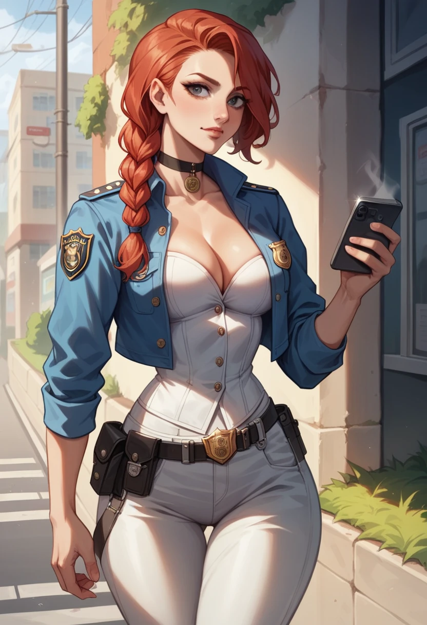 NSFW,One girl, Portrait of a beautiful donkey pex, Athletic ability, Blue jacket, White corset, skirt, White trousers, Police Medal,Holster on waist,Redhead, Braid, compensate, choker, Cleavage, Wide Hips, Volumetric lighting, Highest quality, masterpiece, Intricate details, Tone Mapping, Sharp focus, Super detailed, Trending on Art Station,Urban area, Realistic anime,cartoon,Urban area,Sideways glance,Coffee in hand,Looking at a smartphone