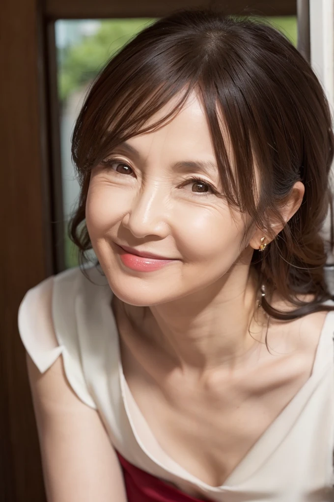 ((Highest quality)), ((8K)), ((masterpiece:1.3)), (Perfect look), (Photorealism:1.6), (JMA), (KE), (Portrait of a Japanese mature woman), Blurred background, Japanese women, 60 years old, ((Realistic skin texture)), (Fine wrinkles appear all over the skin), (Dullness), (Unmoisturized skin:), (Facial wrinkles), (Wrinkles around the eyes), double eyelid, Lower eyelid tear trough, The eyes are looking here, Serious look, (Dimples), BREAK(Red lips), BREAK ショートヘア, Smiling gently, Soft summer dress, Wide armholes, Sleeveless, pumps, Small breasts, Small breasts, Flat Chest, (Flat breasts), (Slimming), (Upper Body), View from the feet,