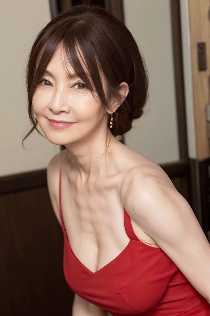 ((Highest quality)), ((8K)), ((masterpiece:1.3)), (Perfect look), (Photorealism:1.6), (JMA), (KE), (Portrait of a Japanese mature woman), Blurred background, Japanese women, 60 years old, ((Realistic skin texture)), (Fine wrinkles appear all over the skin), (Dullness), (Unmoisturized skin:), (Facial wrinkles), (Wrinkles around the eyes), double eyelid, Lower eyelid tear trough, The eyes are looking here, Serious look, (Dimples), BREAK(Red lips), BREAK ショートヘア, Smiling gently, Soft summer dress, Wide armholes, Sleeveless, pumps, Small breasts, Small breasts, Flat Chest, (Flat breasts), (Slimming), (Upper Body), View from the feet,