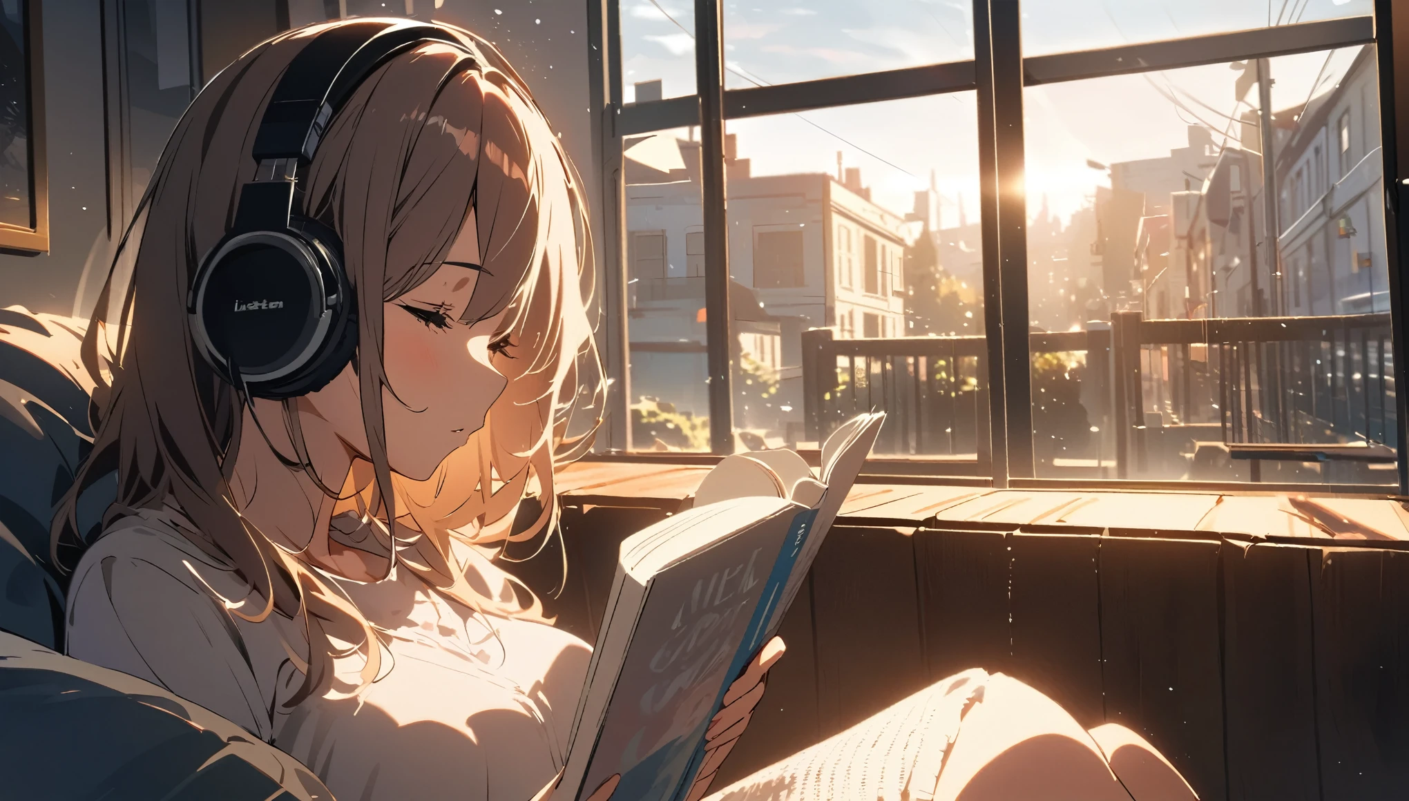 Girl sitting on sofa reading a book,In front of a large window,Morning sunlight,Streetscape、listen to music