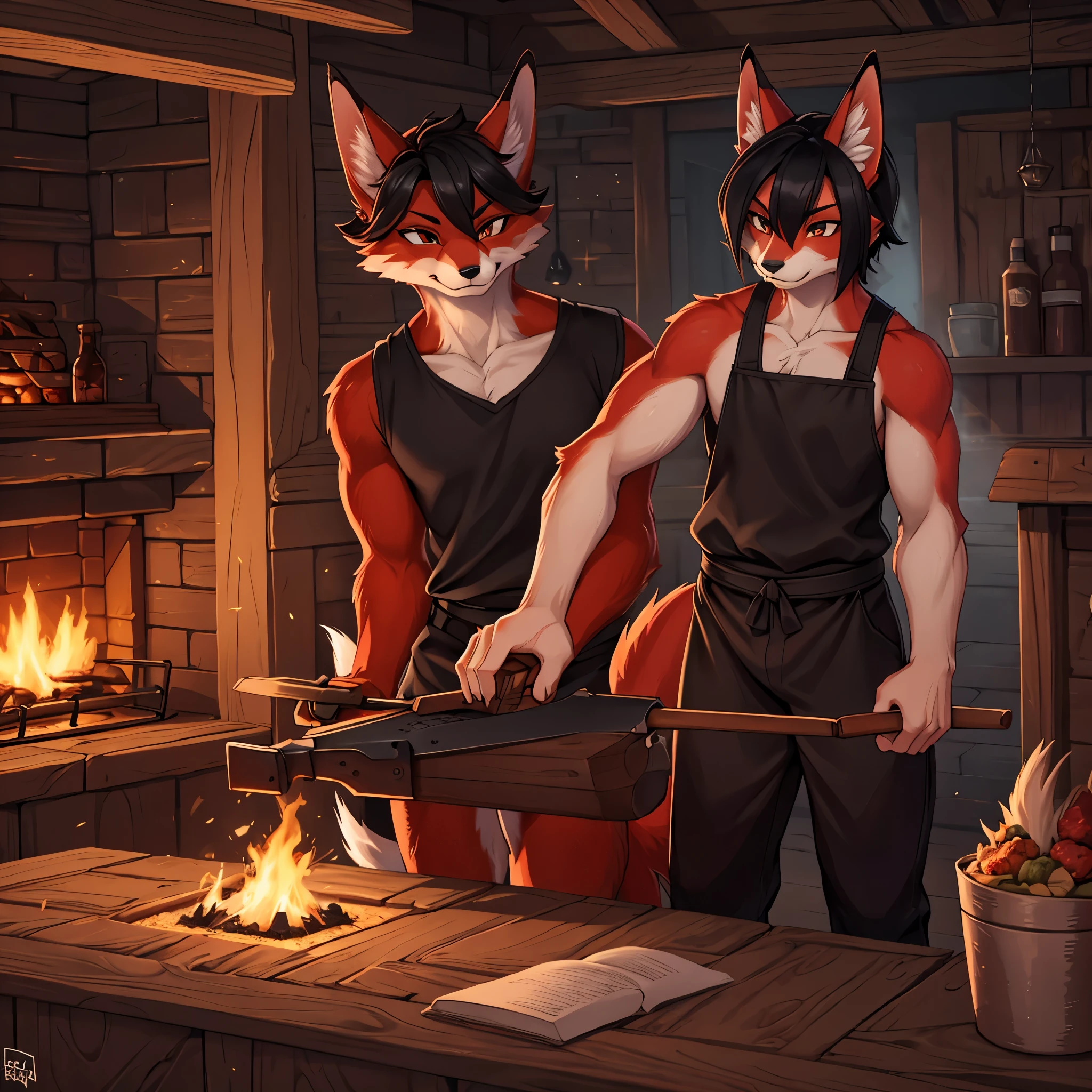 1boy half fox, red fur, black hair, blacksmith