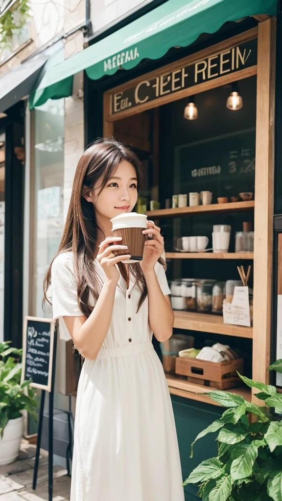  **background**：Eco Friendly Cafe、Plastic-free and sustainable design  
   **woman**：Semi-long hair、ナチュラルなエコファッションを着たwomanが、Drinking coffee from a reusable cup