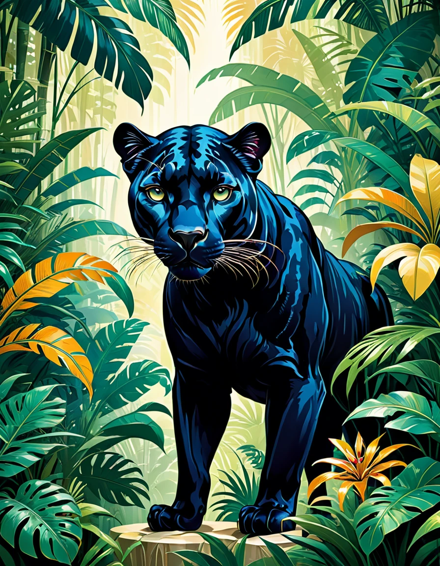 art deco panther in the jungle illustration