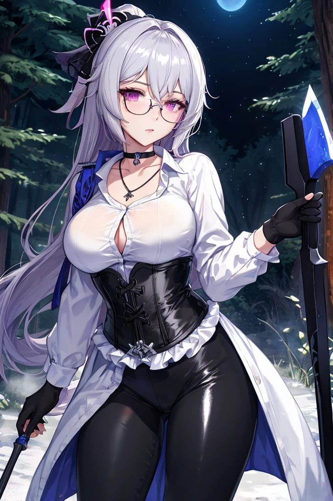 Masterpiece, Beautiful art, professional artist, 8k, art style by sciamano240, detailed body, Very detailed face, very detailed eyes, Detailed clothing, detailed fabric, Best Quality, better resolution, 1 girl, bronya zaychik \(Honkai Impact 3rd\), front view, standing, big breasts, serious expression, At night , long silver hair, glasses, choker:1.6, (white long sleeve button down shirt with white collar), (shiny black corset), black gloves that cover your hands, holding an ax with his hand, (shiny black leggings), looking at the viewer, dark forest, Atmosphere, fog, At night