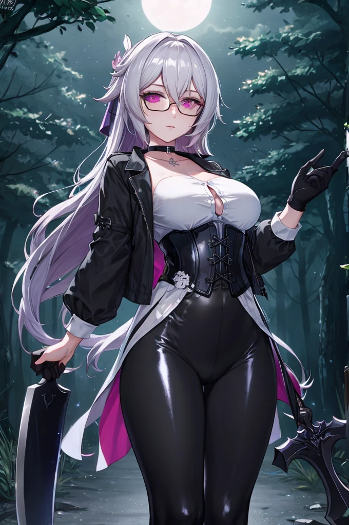 Masterpiece, Beautiful art, professional artist, 8k, art style by sciamano240, detailed body, Very detailed face, very detailed eyes, Detailed clothing, detailed fabric, Best Quality, better resolution, 1 girl, bronya zaychik \(Honkai Impact 3rd\), front view, standing, big breasts, serious expression, At night , long silver hair, glasses, choker:1.6, (white long sleeve button down shirt with white collar), (shiny black corset), black gloves that cover your hands, holding an ax with his hand, (shiny black leggings), looking at the viewer, dark forest, Atmosphere, fog, At night