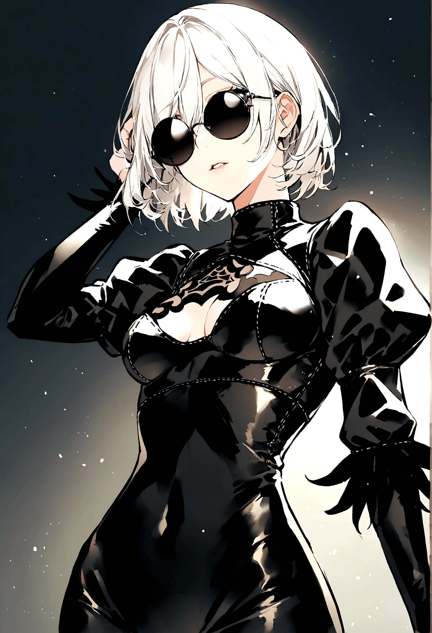 score_9, score_8_up, score_7_up,score_6_up, score_5_up,1girl, looking at the viewer,round sunglasses, white short hair, leather bodysuit2b \(nier:automata\),medium ,hand in hair,parted lips,covered eyes,, zPDXL