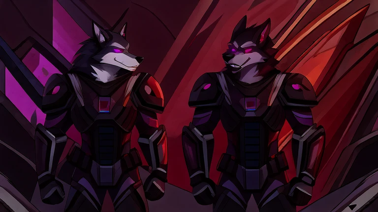 (masterpiece, best quality:1.2), troops of male and female hellhounds, a couple of male bodyguards, wolves, furry, helluva boss, hypnotized with glowing purple eyes, angry serious face, wearing futuristic armor, using a Pulse Rifle, Energy Rifle, Futuristic assault rifle, troops formed in rows like soldiers aerial view, hell streets background