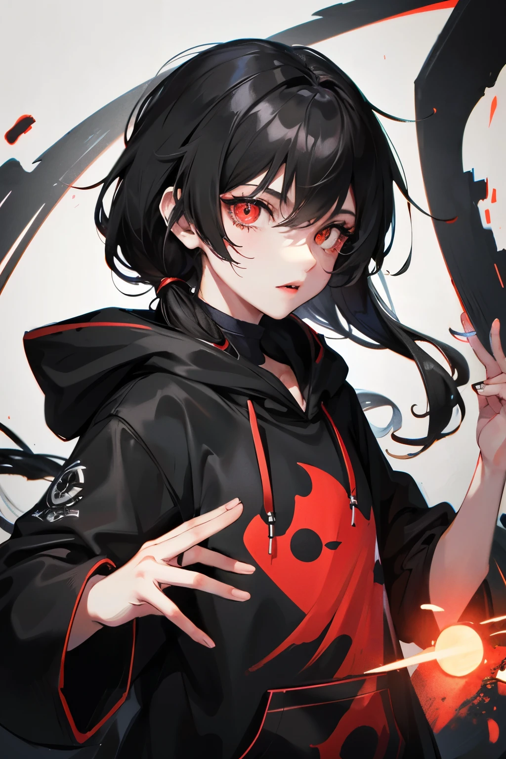 Girl with long black hair wearing a black hoodie Looking at the viewer, red eyes(glowing eyes) ,future world background