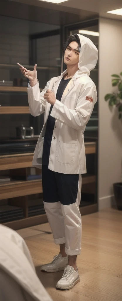 (photorealistic:1.2), (high detail face:1.3), (high detail hands:1.3), (anatomically correct hands:1.2), handsome young asian man, Japanese idol style, short clean-cut hair, ((center part)), white lab coat, black hoodie underneath, calm confident expression, (holding a product in right hand:1.3), (pointing with left index finger:1.3), explaining pose, plain white background, mid-shot portrait, high quality, detailed, 8K, (realistic skin texture:1.2), (sharp focus:1.1)