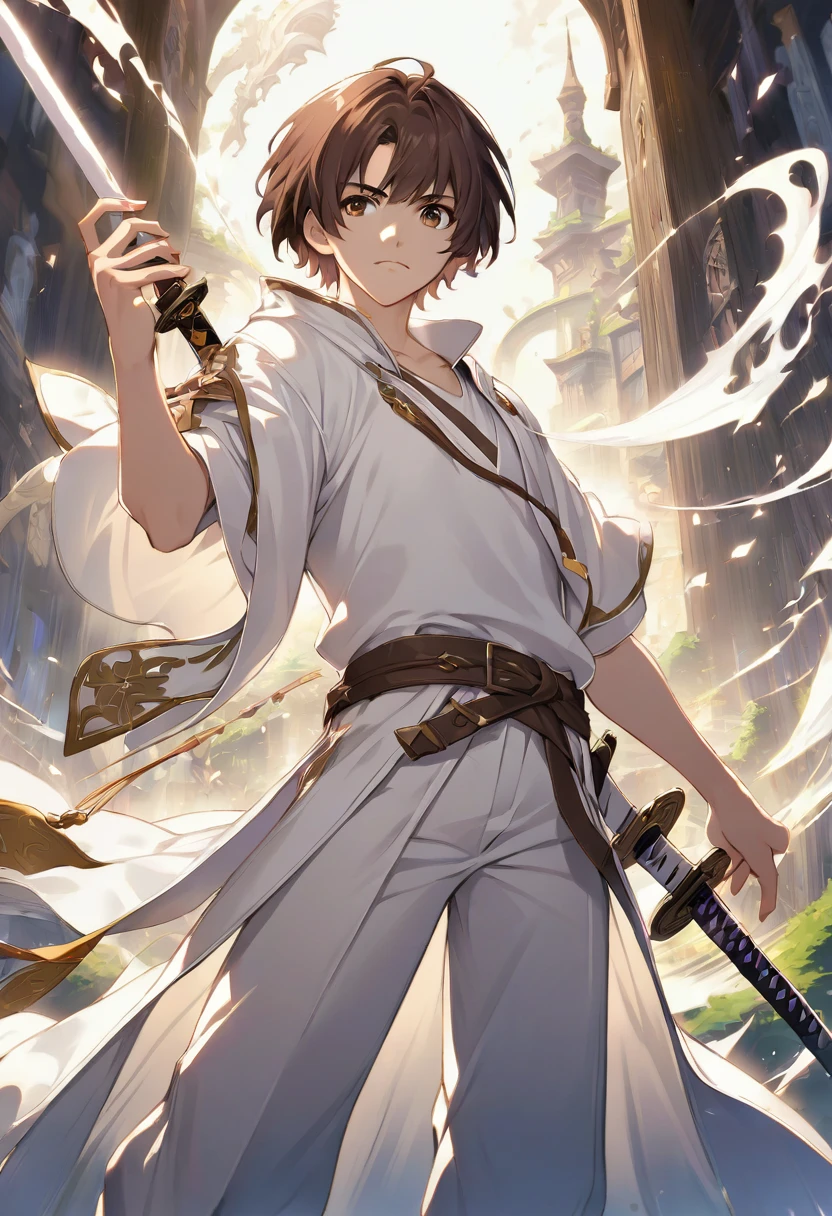 Man, teenager, brown eyes, brown hair, short hair, , white clothes, holding a katana sword, magic, sorcerer, magic world, high tech world