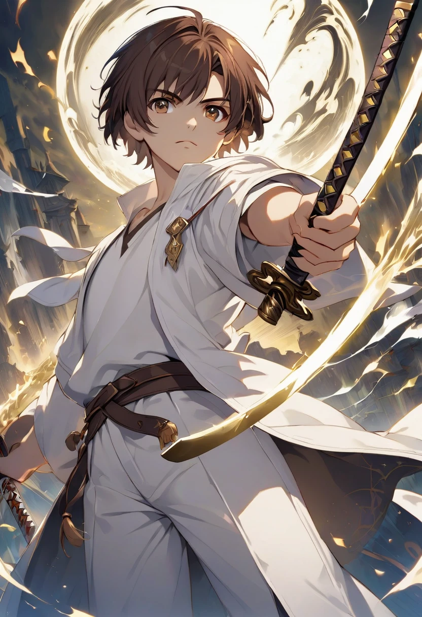 Man, teenager, brown eyes, brown hair, short hair, , white clothes, holding a katana sword, magic, sorcerer, magic world, high tech world