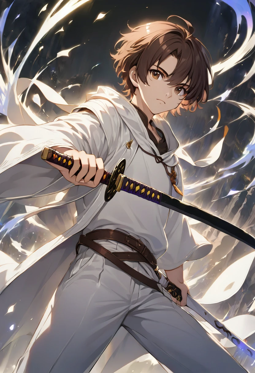 Man, teenager, brown eyes, brown hair, short hair, , white clothes, holding a katana sword, magic, sorcerer, magic world, high tech world