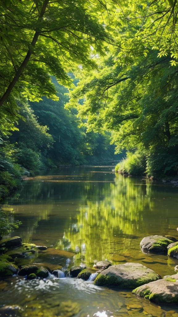 A peaceful riverside scene with clear, gently flowing water surrounded by lush greenery. The sunlight filters through the canopy of trees, creating dappled patterns on the ground. The sound of the river and the rustling leaves provide a soothing atmosphere for deep breathing exercises