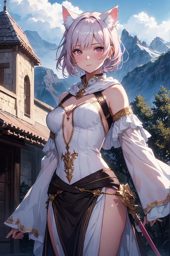 Beautiful girl, clear and beautiful, glowing skin, female, 20 years old, short hair, silver hair, ((turkish costume, Costume main color white, Secondary color pink )) beautiful and delicate eyes, good sized chest, brown eyes, Very nice 8KCG wallpaper, Very cool 8K CG wallpaper, Watercolor (middle), female warrior, (((cat ears))), (((dark, dark Night, midnight))) (((nature background, mountain, wood))), ((outdoors)), upper body cut, holding a sword in his hand, The costume is white