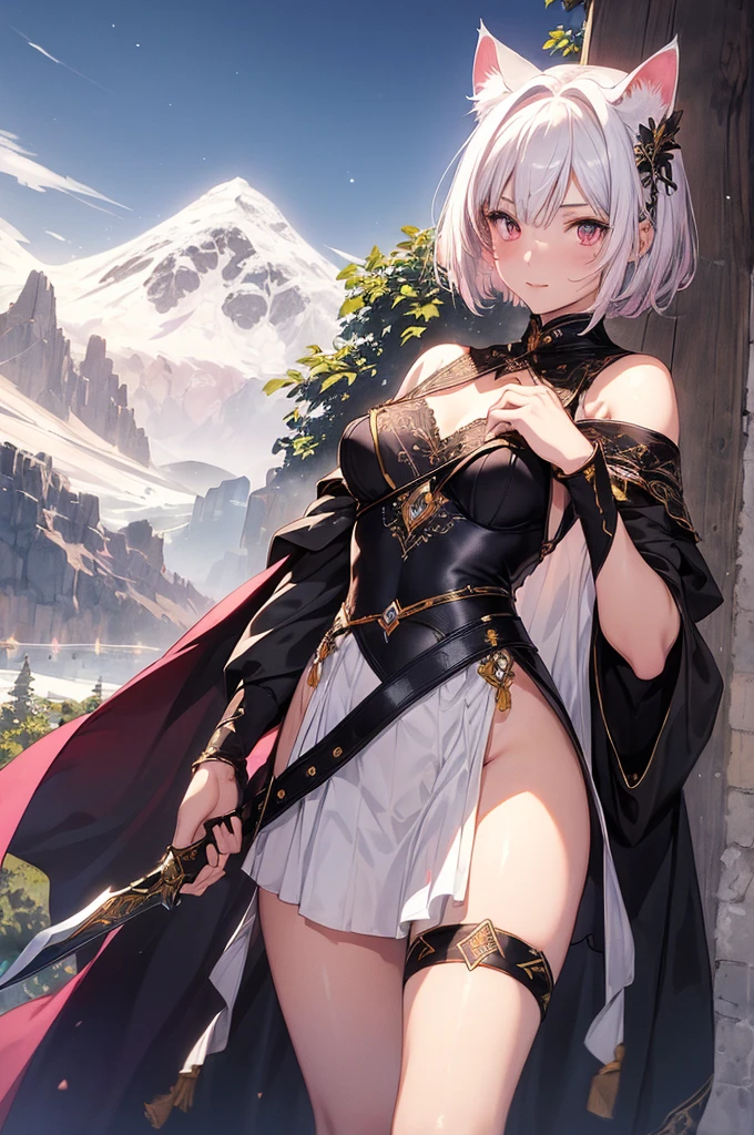 Beautiful girl, clear and beautiful, glowing skin, female, 20 years old, short hair, silver hair, ((turkish costume, Costume main color white, Secondary color pink )) beautiful and delicate eyes, good sized chest, brown eyes, Very nice 8KCG wallpaper, Very cool 8K CG wallpaper, Watercolor (middle), female warrior, (((cat ears))), (((dark, dark Night, midnight))) (((nature background, mountain, wood))), ((outdoors)), upper body cut, holding a sword in his hand, The costume is white