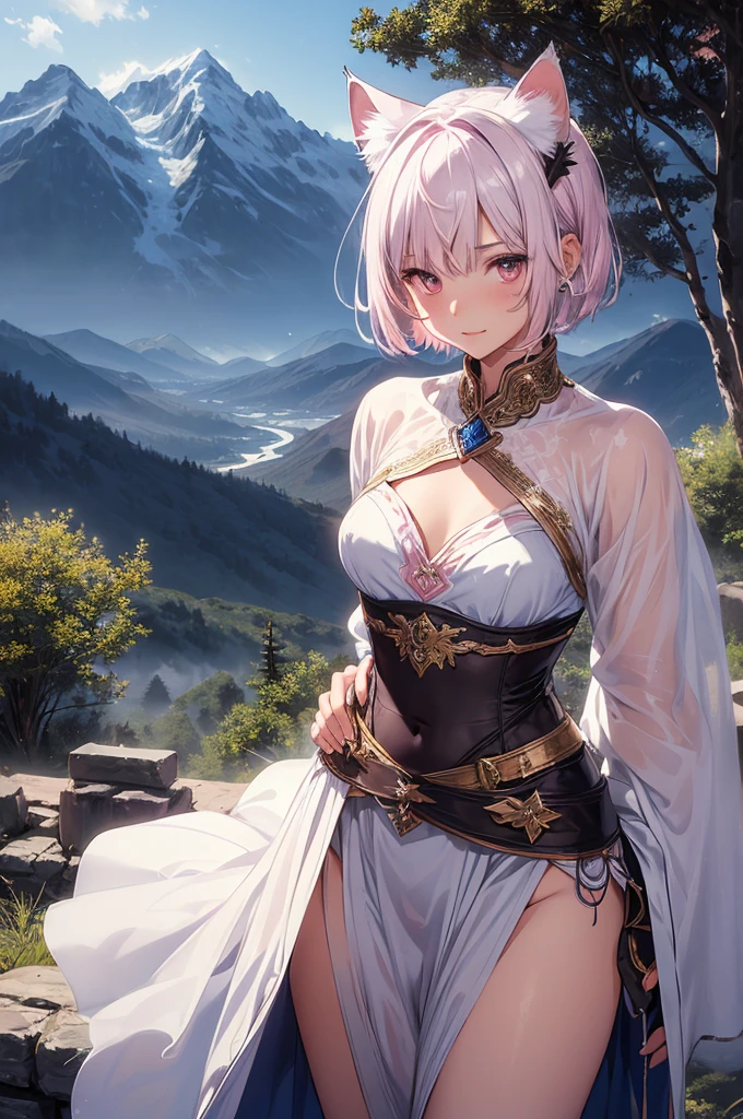 Beautiful girl, clear and beautiful, glowing skin, female, 20 years old, short hair, silver hair, ((turkish costume, Costume main color white, Secondary color pink )) beautiful and delicate eyes, good sized chest, brown eyes, Very nice 8KCG wallpaper, Very cool 8K CG wallpaper, Watercolor (middle), female warrior, (((cat ears))), (((dark, dark Night, midnight))) (((nature background, mountain, wood))), ((outdoors)), upper body cut, holding a sword in his hand, The costume is white