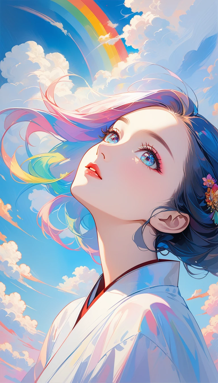 Japanese women, Face close-up, Soaring female figure **** Click the, smoking, In the sky, Bright colors, Mysterious Colors, modern impressionism, Portrait of Chen Yanjun, rainbow painting, 3/4 Perspective View, Nice face, Low - Angle, Wide rotation configuration, big, Beautiful crystal eyes, big iris, Ultra-high resolution, Human Development Report, 8,000, (masterpiece: 1.5), (The most beautiful portraits in the world: 1.5)