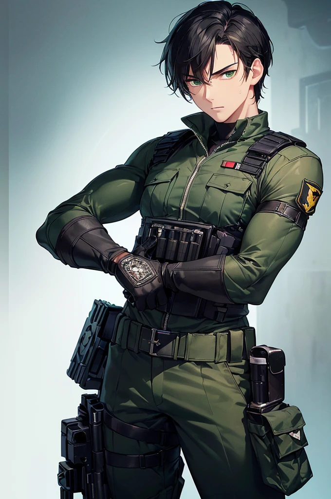 (masterpiece; best quality: 1.2), (finely detailed eyes: 1.3), ((25 year old man)), ((solo)), (green eyes: 1.4), (body; lean, fit, masculine: 1.3), (short black hair: 1.3), (beautiful and clear background: 1.2), ((depth of field)), (equipment: black spec-ops uniform + black gloves + holstered pistol + pouches: 1.3), (anime illustration: 1.2), (background composition; military base office: 1.1), (extremely fine and handsome: 1.1), (shot composition; standing + centered on torso + close-up: 1.5), (expression; calm, stoic: 1.2)