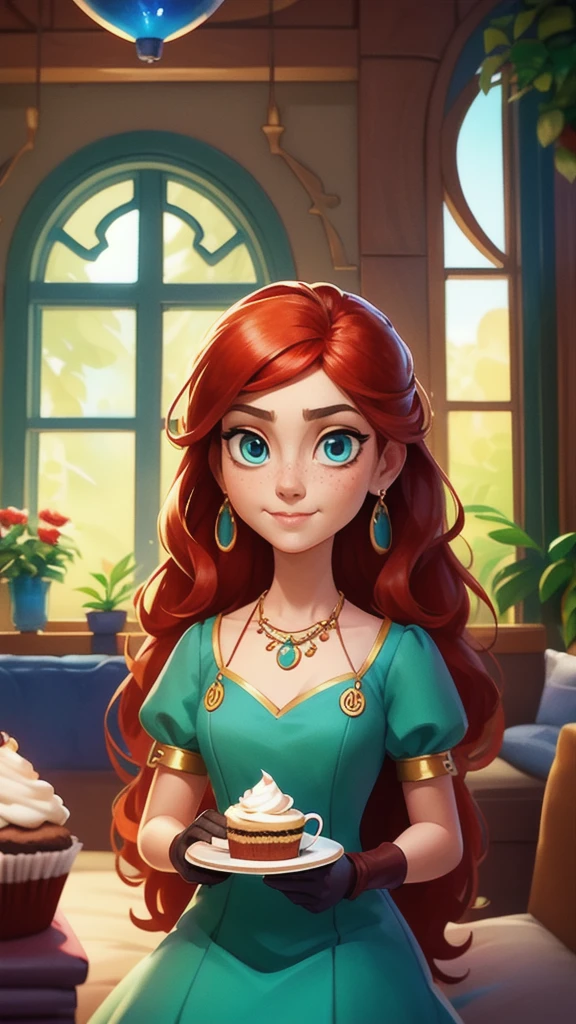 （whole body：1.5），Concept Art,character illustration of a,European and American cartoons,一个20岁的金发女生悠闲的sit在living room，Holding a cup of coffee，A laid-back expression，Relax，Leisure，Leisure，European and American cartoons，1 Girl,freckle,Solitary,Jewelry,Green Eyes,Weaving,earrings,twin Weavings,necklace,Looking at the audience,Red hair,breast,Vague,plant,Short sleeve,Vague background,diaphragm,Upper Body,Puff sleeves,bracelet,Smile,Long hair,puffy Short sleeve,Necklace,Umbilical cord,Top of crop,dress，flower，Coffee cup，Gloves，earrings，Jewelry，肘部Gloves，cup，blue eyes，Long hair，蓝色dress，sit，Chair，window，cake，小cake，sofa，living room，solo