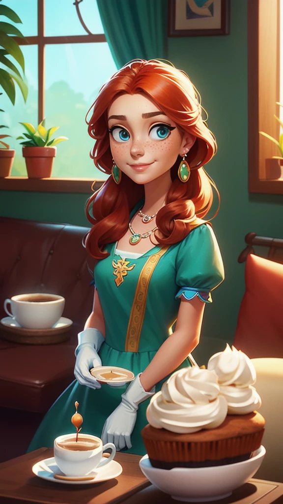 （whole body：1.5），Concept Art,character illustration of a,European and American cartoons,一个20岁的金发女生悠闲的sit在living room，Holding a cup of coffee，A laid-back expression，Relax，Leisure，Leisure，European and American cartoons，1 Girl,freckle,Solitary,Jewelry,Green Eyes,Weaving,earrings,twin Weavings,necklace,Looking at the audience,Red hair,breast,Vague,plant,Short sleeve,Vague background,diaphragm,Upper Body,Puff sleeves,bracelet,Smile,Long hair,puffy Short sleeve,Necklace,Umbilical cord,Top of crop,dress，flower，Coffee cup，Gloves，earrings，Jewelry，肘部Gloves，cup，blue eyes，Long hair，蓝色dress，sit，Chair，window，cake，小cake，sofa，living room，solo