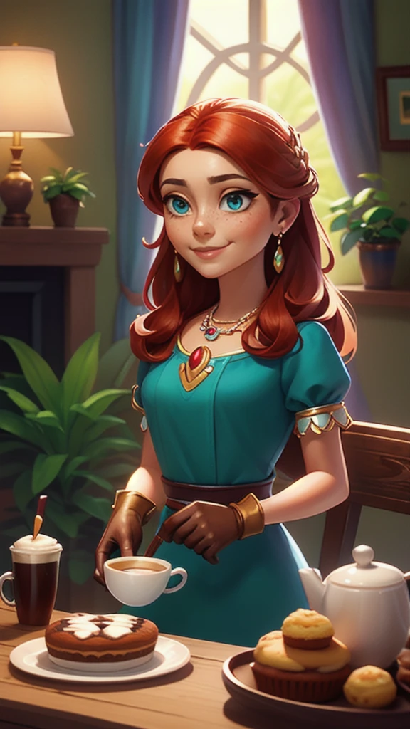 (whole body:1.5),Concept Art,character illustration of a,European and American cartoons,一个20岁的金发女生悠闲的sit在living room,Holding a cup of coffee,A laid-back expression,Relax,Leisure,Leisure,European and American cartoons,1 Girl,freckle,Solitary,Jewelry,Green Eyes,Weaving,earrings,twin Weavings,necklace,Looking at the audience,Red hair,breast,Vague,plant,Short sleeve,Vague background,diaphragm,Upper Body,Puff sleeves,bracelet,Smile,Long hair,puffy Short sleeve,Necklace,Umbilical cord,Top of crop,dress,flower,Coffee cup,Gloves,earrings,Jewelry,肘部Gloves,cup,blue eyes,Long hair,蓝色dress,sit,Chair,window,cake,小cake,sofa,living room,solo