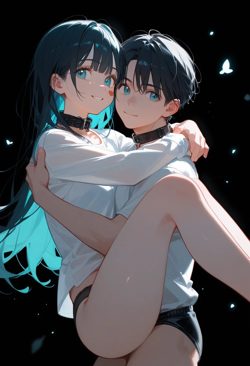 masterpiece,8K,Super detailed,best quality, (1 girl,alone), (long black hair,Straight Hair,Air bangs), (innocent aqua blue eyes, Mouth slightly open), (Medium large, fair skin), (Wearing a simple white shirt, Black panties, To show your thighs), (Has black leather collar), (Facing the audience, Stand upright, Put your hands next to your thighs), (The expression looks a little shy, but with a smile, Slightly red cheeks), (light black background, Center the character)