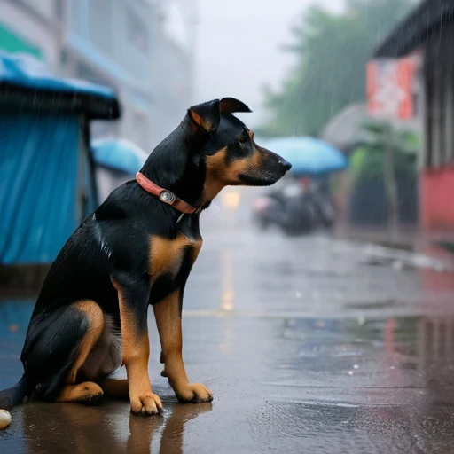 poor stray dog,Abandoned,rain,cold,movie scene,4K,high quality,Touching,Depth of Field,Background blur,Correct structure