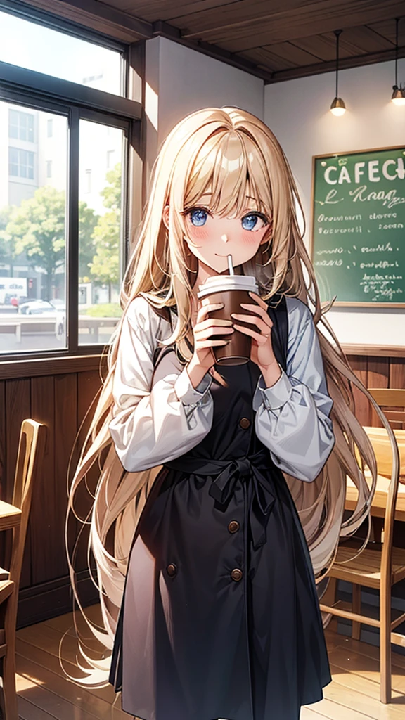 **background**:Eco Friendly Cafe、Plastic-free and sustainable design
**woman**:Semi-long hair、ナチュラルなエコファッションを着たwomanが、Drinking coffee from a reusable cup