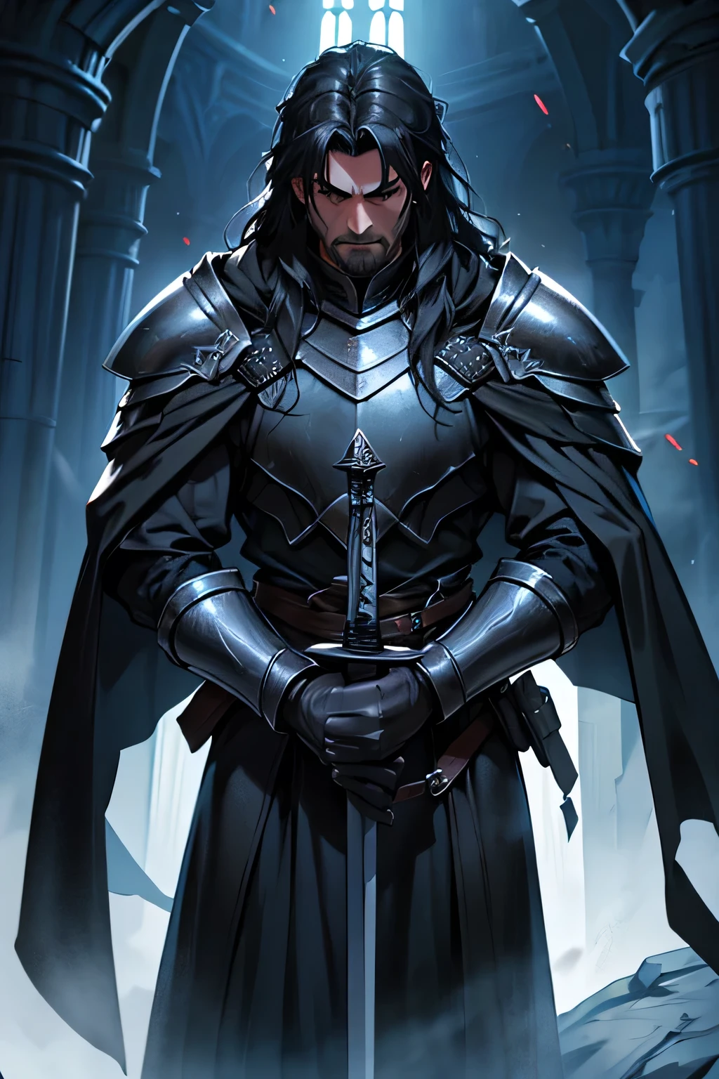 (Best quality), (Game character illustration), upper body, fantasy, black knight, middle-aged handsome man, black long hair, black armor, black cloak, holding a sword,