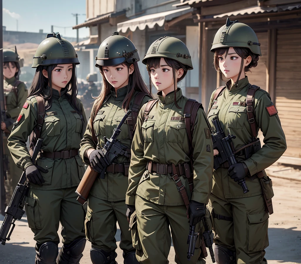 A group of female soldiers all wearing iron-colored military uniforms，Full helmet、Military Pants、Individual equipment set、Alert with guns，Write details、masterpiece、best quality、Highly detailed CG、8K picture quality