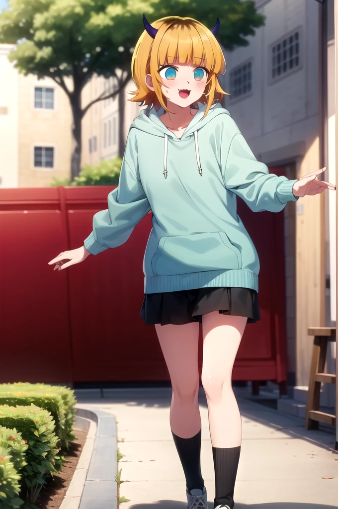 Highest quality, masterpiece, detailed, memcho, Open your mouth, A slight blush, :3, smile, short hair, Blonde, Multicolored Hair, Aqua Eye, Blunt bangs, horn, 
 
	hoodie
.Are standing, Looking at the audience, (Day:1.2), garden, Outdoor
