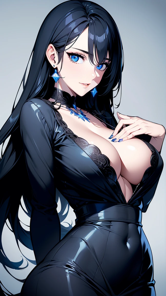 (masterpiece),((Highly detailed long black hair)),((expressive blue eyes)),(Highly deep v-neck blue dress),deep cleavage,(happy expression),extremely beautiful mature woman, milf,silver jewelry,best quality,cel shading,8K HD,highly detaild face, highly detaild eyes,flat color,digital color,(close angle),contrapposto,white background