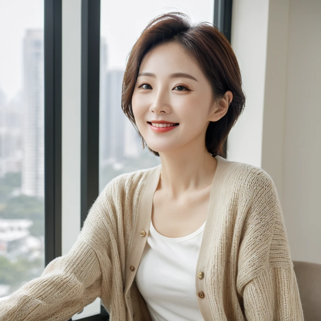 8k best picture quality, Beautiful 36-year-old Korean woman, The eyes are big, round and clear.. smile. short medium hair. Chest size 34 inches, Wearing a cardigan and beige jeans. Sitting by the window of a luxury high-rise apartment and drinking coffee, full body shot, Your eyes are big and pretty