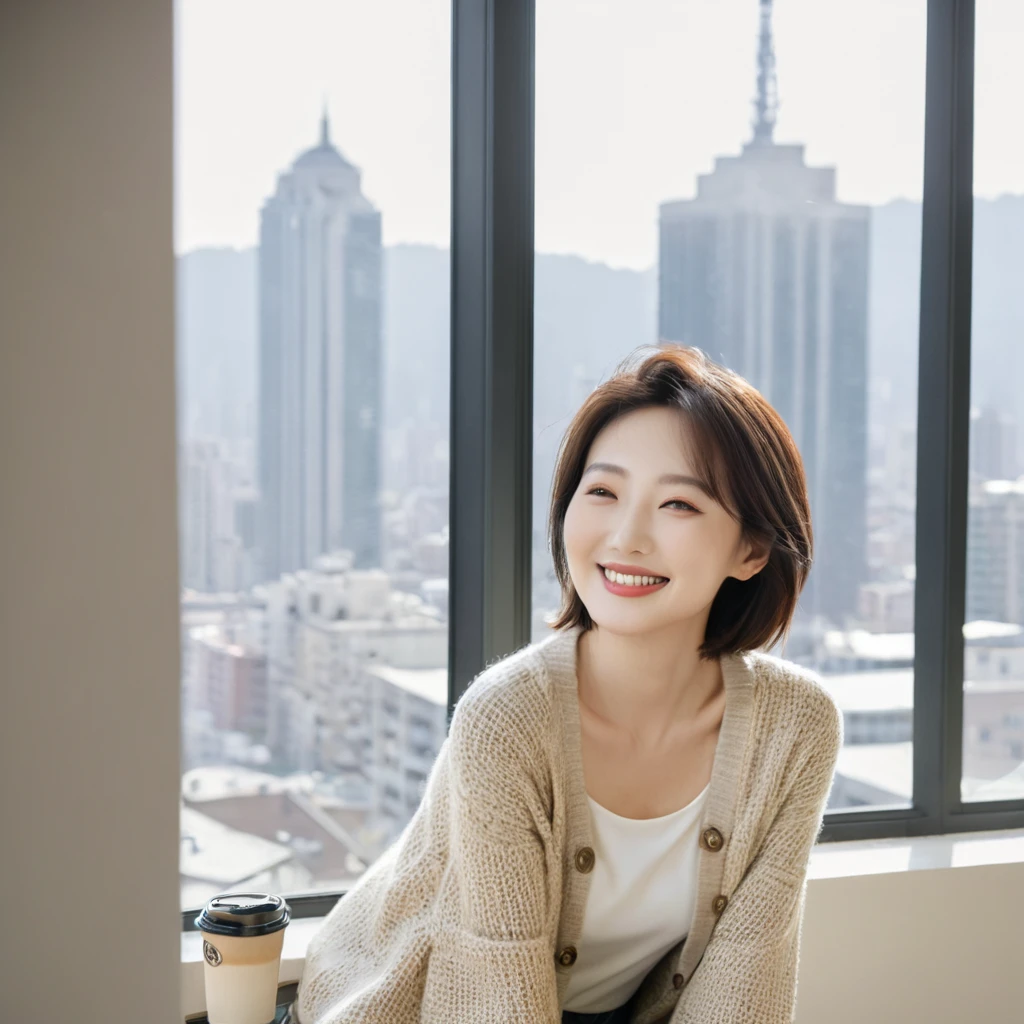 8k best picture quality, Beautiful 36-year-old Korean woman, The eyes are big, round and clear.. smile. short medium hair. Chest size 34 inches, Wearing a cardigan and beige jeans. Sitting by the window of a luxury high-rise apartment and drinking coffee, full body shot, Your eyes are big and pretty
