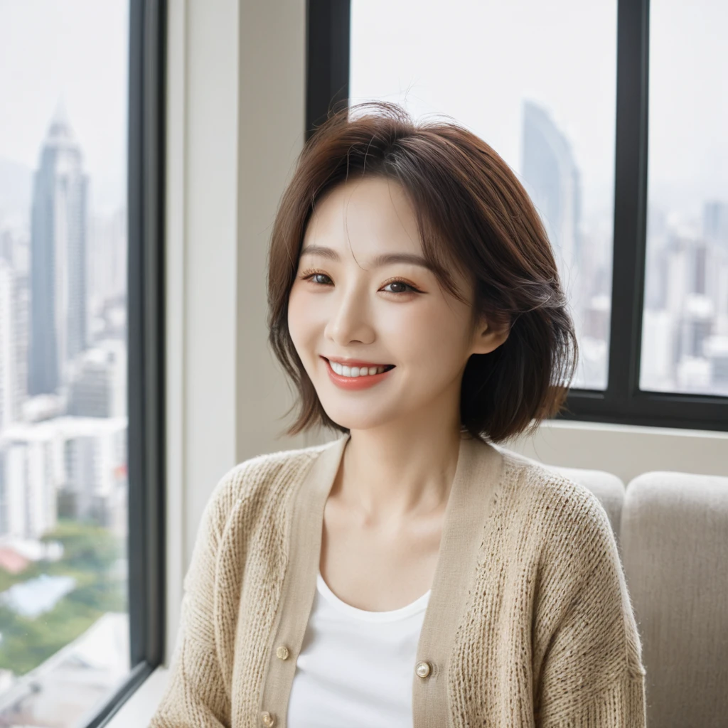8k best picture quality, Beautiful 36-year-old Korean woman, The eyes are big, round and clear.. smile. short medium hair. Chest size 34 inches, Wearing a cardigan and beige jeans. Sitting by the window of a luxury high-rise apartment and drinking coffee, full body shot, Your eyes are big and pretty