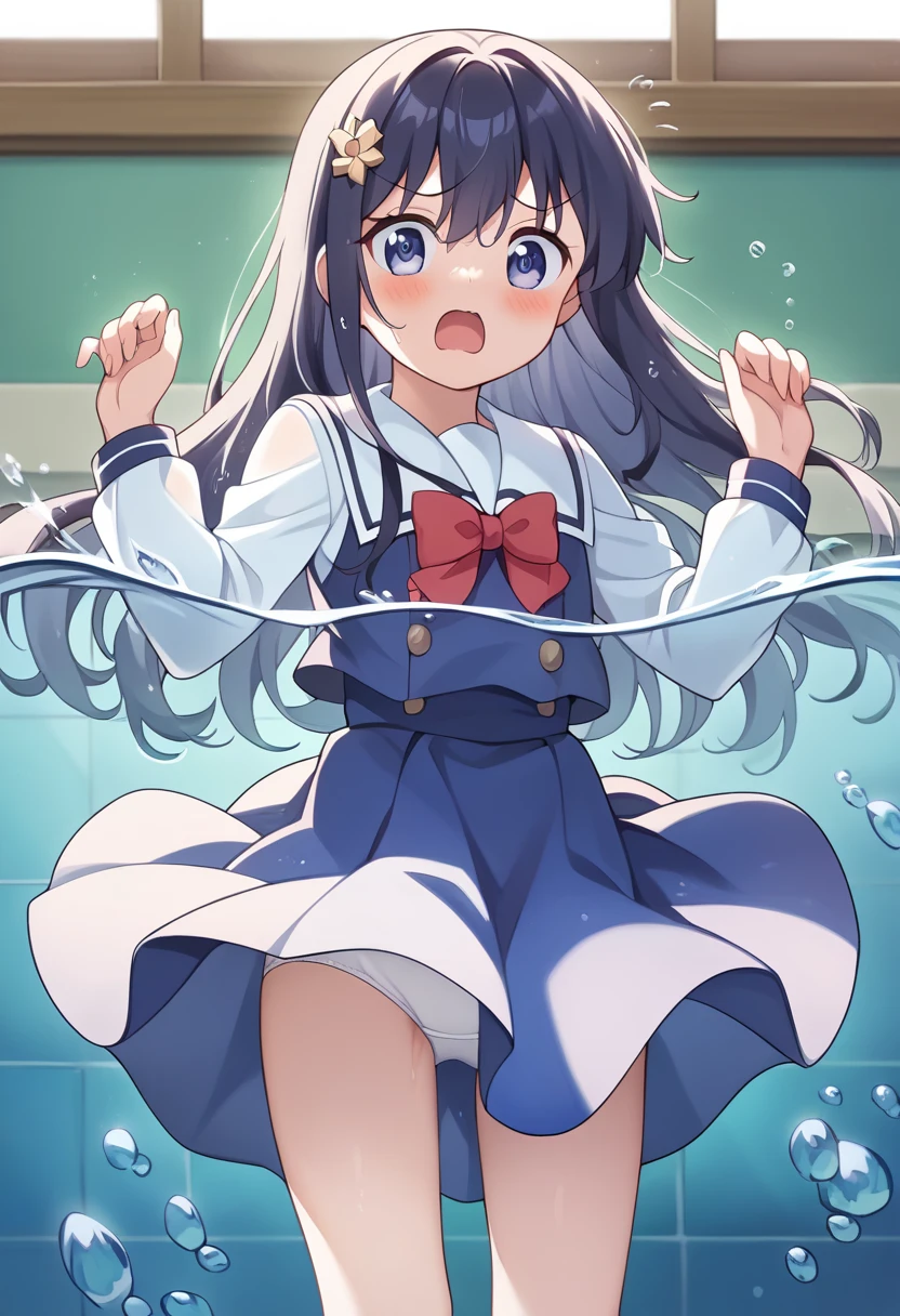 score_9, score_8_up, score_7_up, source_アニメ, masterpiece,  1girl, work, blue dress, white sailor collar, red bowtie, white long sleeves, cowboy shot, looking at viewer, indoors, open mouth,   Water Play, Primary school students、Skirt fully open、Long wide skirt、cute、White underwear、blush、Watery eye、spring、Lots of water、Wet、(((Wind power increase)))、(The skirt spreads over the water surface.)、drowning water、Underwater Shot Of The Swimming pool