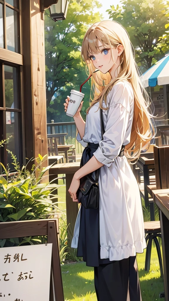 **background**:Eco Friendly Cafe、Plastic-free and sustainable design
**woman**:Semi-long hair、ナチュラルなエコファッションを着たwomanが、Drinking coffee from a reusable cup