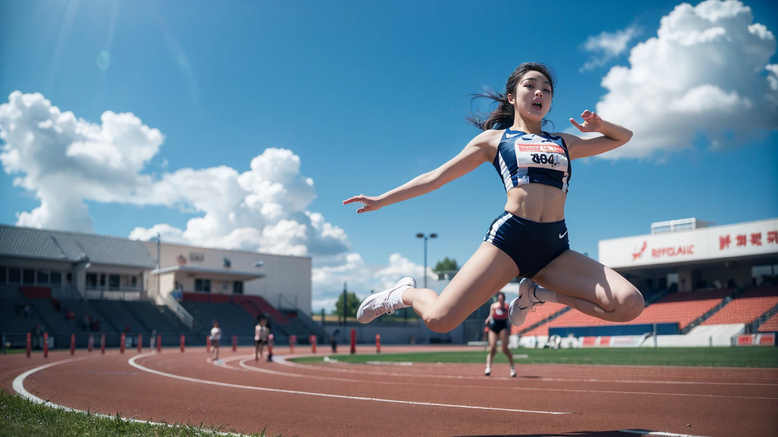 realistic, very detailed CG 통합 8K Dendenden 배경화면, Detail, High-quality RAW color photos, professional photography, (8K, raw photo, top quality), (realistic, realistic: 1.37),high quality 3D render, ultra-detailed, 1girl, teenager, track and field athlete, long jump, mid-air jump, mid-jump pose, dynamic action, athletic, muscular, powerful, determined expression, outdoor track and field scene, bright sunlight, motion blur, realistic, photo realistic, cinematic lighting, vibrant colors, high contrast, dramatic shadows, pristine detail, sharp focus