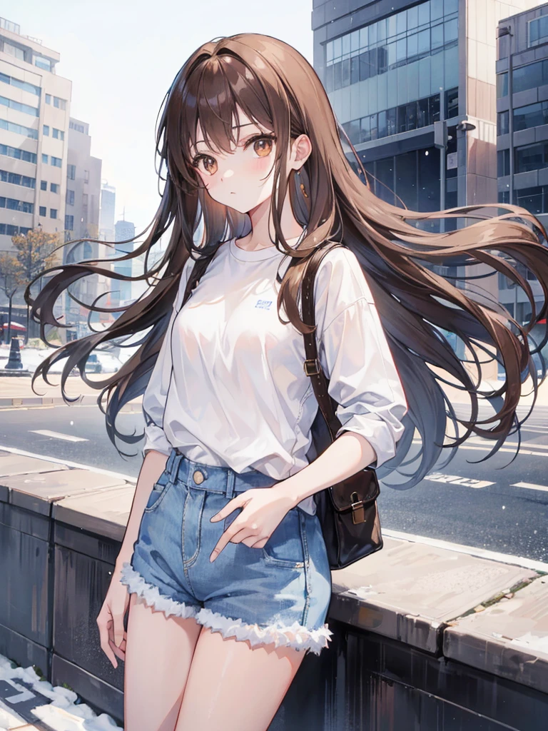 1girl, long brown hair, brown eyes, wearing plain white shirt, denim shorts, snow, city, absurdres, high res, ultrasharp, 8K, masterpiece, looking at viewer
