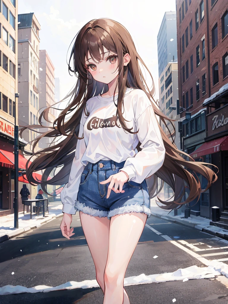 1girl, long brown hair, brown eyes, wearing plain white shirt, denim shorts, snow, city, absurdres, high res, ultrasharp, 8K, masterpiece, looking at viewer