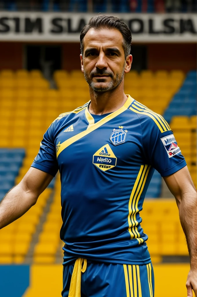Make an image that says welcome Roberto Sol, new technical coach of Atlético San Simón, in blue and yellow colors and some Jewish warriors