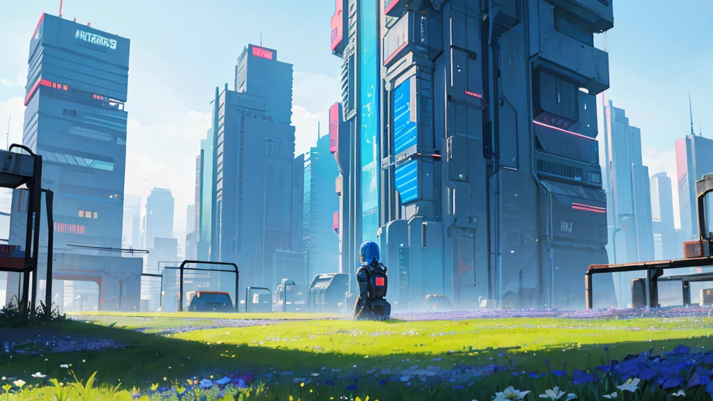 background cyberpunk city, under blue clear sky, in beautiful grass anf flower, high res, ultra sharp, 8k
